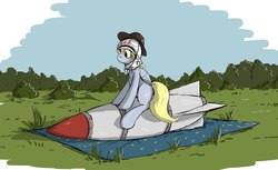 Size: 1280x785 | Tagged: safe, artist:eriada, derpy hooves, pegasus, pony, g4, female, hat, mare, rocket, solo, space