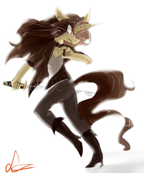 Size: 3000x3600 | Tagged: safe, artist:rayadra, oc, oc only, oc:golden pen, anthro, high res, solo, sword