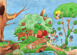 Size: 2000x1427 | Tagged: safe, artist:ecmonkey, fluttershy, rainbow dash, bird, butterfly, rabbit, g4, bird house, blank flank, cottage, flower, lilypad, log, nest