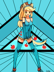 Size: 648x864 | Tagged: safe, artist:lumineko, applejack, human, g4, breasts, busty applejack, cleavage, clothes, commission, dress, evening gloves, female, humanized, me!me!me!, ponied up, pony ears, thigh highs