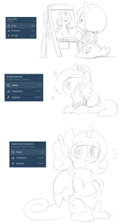 Size: 736x1372 | Tagged: safe, artist:ende26, princess celestia, princess luna, oc, g4, alternate hairstyle, clothes, cute, drawing, filly, followers, glasses, high school cadance, monochrome, sketch, sweater, tumblr, woona, woona knight