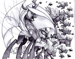 Size: 4248x3351 | Tagged: safe, artist:pitterpaint, oc, oc only, changeling, changeling queen, armor, changeling officer, changeling queen oc, female, grayscale, helmet, monochrome, traditional art