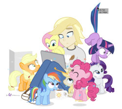 Size: 1140x1020 | Tagged: safe, artist:dm29, applejack, fluttershy, pinkie pie, rainbow dash, rarity, twilight sparkle, oc, oc:colin nary, earth pony, human, pegasus, pony, unicorn, g4, coffee mug, computer, cross-eyed, cursor, cute, female, filly, filly applejack, filly fluttershy, filly pinkie pie, filly rainbow dash, filly rarity, filly twilight sparkle, frown, human ponidox, julian yeo is trying to murder us, laptop computer, mane six, milestone, open mouth, party horn, puffy cheeks, simple background, sitting, smiling, suspended, tail pull, transparent background, wide eyes, younger