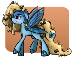 Size: 1012x790 | Tagged: safe, artist:midnightpremiere, oc, oc only, oc:blue peleide, butterfly, butterfly pony, original species, pony, bow, butterfly wings, simple background, solo, tail bow, wings