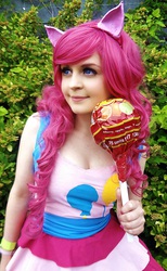 Size: 2720x4424 | Tagged: safe, artist:born-to-be-sheep, artist:sophieriis, pinkie pie, human, g4, breasts, cleavage, clothes, convention, cosplay, desucon, dress, female, high res, irl, irl human, lollipop, photo, solo