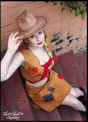 Size: 555x765 | Tagged: safe, artist:marli le roux, artist:theresheisxcosplay, applejack, human, g4, clothes, cosplay, hat, irl, irl human, photo, skirt, vest