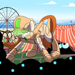 Size: 1000x1000 | Tagged: safe, artist:khorme, oc, oc only, oc:orchid, oc:p.o.n.e., kaiju, kaiju pony, pony, robot, robot pony, circus, ferris wheel, giant pony, glowing eyes, macro, monster, protecting, roller coaster, tent, visor