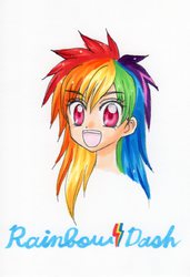 Size: 1170x1707 | Tagged: safe, artist:magical-heart, rainbow dash, human, g4, female, happy, humanized, looking at you, pixiv, portrait, solo, traditional art