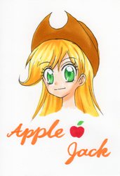 Size: 1170x1707 | Tagged: safe, artist:magical-heart, applejack, human, g4, female, humanized, pixiv, solo, traditional art