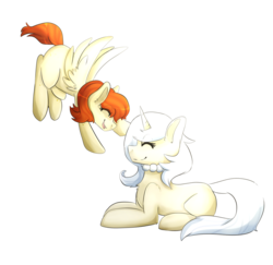 Size: 1024x997 | Tagged: safe, artist:oddends, oc, oc only, oc:ivory lace, oc:vanity, pegasus, pony, unicorn, commission, flying, prone, simple background