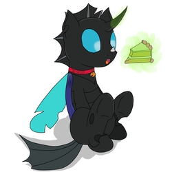 Size: 2480x2480 | Tagged: safe, artist:featherscratch, oc, oc only, oc:kuno, changeling, fanfic:an affliction of the heart, bell, bell collar, cake, changeling oc, collar, cute, cuteling, female, high res, solo