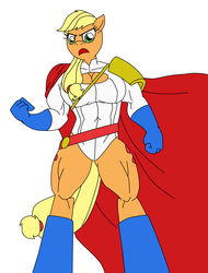 Size: 973x1280 | Tagged: safe, artist:advanceddefense, artist:natter45, applejack, earth pony, anthro, g4, applejacked, crossover, dc comics, female, glare, muscles, power girl, simple background, solo