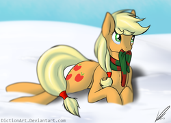 Size: 1024x734 | Tagged: safe, artist:diction, applejack, g4, clothes, female, mouth hold, prone, scarf, snow, solo