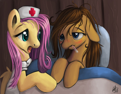 Size: 900x700 | Tagged: safe, artist:genbulein, fluttershy, oc, oc:heartbreak, earth pony, pegasus, pony, g4, backwards thermometer, bed, blanket, blue eyes, blushing, cyan eyes, duo, female, human in equestria, human to pony, lying, lying down, male to female, mare, messy hair, messy mane, my little heartbreak, nurse, nurse outfit, on back, pillow, rule 63, sick, thermometer