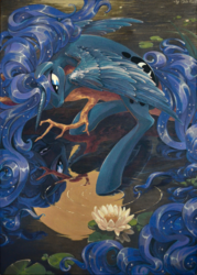 Size: 1433x2000 | Tagged: safe, artist:chio-kami, princess luna, g4, acrylic painting, female, flower, in a tree, reflection, solo, traditional art, water, water rings, waterlily