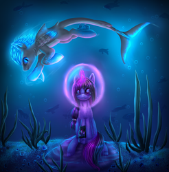 Size: 1828x1860 | Tagged: safe, artist:9de-light6, oc, oc only, original species, shark pony, glowing, glowing horn, horn, magic, smiling, underwater