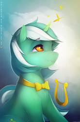Size: 1650x2500 | Tagged: dead source, safe, artist:antiander, lyra heartstrings, butterfly, pony, unicorn, g4, bowtie, female, heart eyes, lyre, magic, smiling, solo, wingding eyes