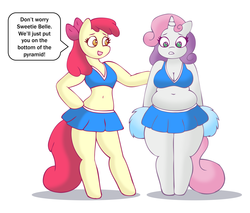 Size: 2000x1700 | Tagged: safe, artist:lordstormcaller, apple bloom, sweetie belle, anthro, unguligrade anthro, g4, belly, belly button, breasts, busty sweetie belle, cheerleader, chubbie belle, chubby, cleavage, duo, female, midriff, muffin top, need to go on a diet, need to lose weight, older, plump, pom pom, simple background, white background