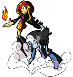 Size: 2100x2200 | Tagged: safe, artist:rvceric, sunset shimmer, trixie, equestria girls, g4, clothes, fiery shimmer, fire, high res, pixiv, pyromancy, simple background, skirt, smokescreen, transparent background