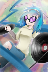 Size: 1000x1500 | Tagged: safe, artist:poisonicpen, dj pon-3, vinyl scratch, human, g4, glasses, headphones, horn, horned humanization, humanized, record