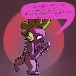 Size: 1024x1024 | Tagged: safe, artist:imsokyo, spike, dragon, daily life of spike, g4, dialogue, fourth wall, male, paradox, solo, tumblr