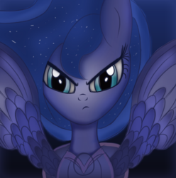 Size: 1400x1410 | Tagged: safe, artist:vipeydashie, princess luna, g4, angry, female, frown, glare, looking at you, solo, spread wings