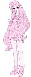 Size: 330x800 | Tagged: safe, artist:pasikon, fluttershy, human, g4, clothes, female, humanized, oversized clothes, solo