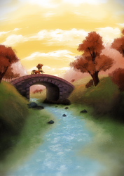Size: 2121x3000 | Tagged: safe, artist:coma392, applejack, earth pony, pony, g4, applejack's hat, bridge, cowboy hat, female, hat, high res, mare, pixiv, river, scenery, solo, sunset, tree, water