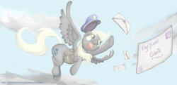 Size: 1024x495 | Tagged: safe, artist:burning-heart-brony, derpy hooves, pegasus, pony, g4, cap, cloud, cloudy, female, hat, letter, mailmare, mare, saddle bag, solo, wind