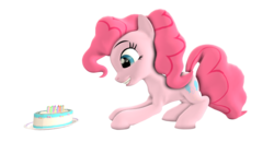 Size: 3100x1743 | Tagged: safe, artist:flare-chaser, pinkie pie, g4, 3d, cake, crawling, happy, simple background, source filmmaker, transparent background, vector, wallpaper