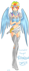 Size: 645x1540 | Tagged: safe, artist:libragrey, rainbow dash, human, g4, armor, belly button, female, humanized, midriff, solo, sword, unconvincing armor, winged humanization