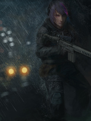 Size: 1800x2400 | Tagged: dead source, safe, artist:tiger-type, twilight sparkle, human, g4, assault rifle, dark, female, fn scar, gun, humanized, military, mk 17, picatinny rail, rain, rifle, solo, trigger discipline, weapon