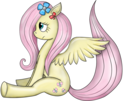 Size: 1275x1028 | Tagged: safe, artist:latomerta, fluttershy, g4, bow, female, flower, flower in hair, simple background, sitting, solo, spread wings, transparent background