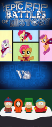 Size: 416x1024 | Tagged: safe, apple bloom, babs seed, scootaloo, sweetie belle, g4, cutie mark crusaders, epic rap battles of history, eric cartman, kenny mccormick, kyle broflovski, male, south park, stan marsh, where are the lyrics?