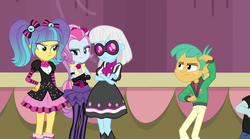 Size: 1280x714 | Tagged: safe, screencap, photo finish, pixel pizazz, snails, violet blurr, equestria girls, g4, my little pony equestria girls: rainbow rocks, the snapshots