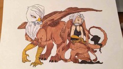 Size: 1136x640 | Tagged: safe, artist:oomunchieoo, gilda, oc, oc:alex, fish, griffon, satyr, g4, dead, mother and daughter, mouth hold, offspring, parent:gilda, traditional art, x eyes