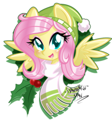 Size: 1822x2000 | Tagged: safe, artist:danmakuman, fluttershy, g4, christmas, clothes, female, holiday, holly, scarf, solo