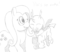 Size: 1000x800 | Tagged: safe, artist:frostfauna, fluttershy, changeling, g4, cute, monochrome, nuzzling, sketch