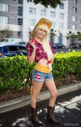 Size: 616x960 | Tagged: safe, artist:cancertrollkarkat, applejack, human, g4, apple, boots, clothes, cosplay, hat, irl, irl human, midriff, photo, shorts, solo