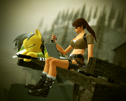 Size: 1280x1024 | Tagged: safe, artist:johnflaherty, daring do, human, g4, alicorn amulet, belly button, clothes, crossover, dual pistol, gun, holster, lara croft, midriff, pistol, shorts, tomb raider, weapon