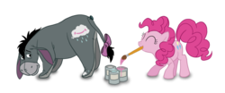 Size: 900x375 | Tagged: safe, artist:runicrhyme, pinkie pie, earth pony, pony, g4, crossover, eeyore, eyes closed, looking back, paint, paint on fur, paintbrush, simple background, smiling, transparent background