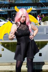 Size: 1366x2048 | Tagged: safe, artist:skyfairystarling, fluttershy, human, g4, 2014, clothes, convention, cosplay, dress, flutterbat, hand on hip, irl, irl human, nekocon, pantyhose, photo, solo