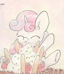 Size: 675x779 | Tagged: safe, artist:slightlyshade, sweetie belle, g4, female, ice cream, solo, strawberry, traditional art