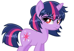 Size: 989x682 | Tagged: safe, artist:celinesparkle, twilight sparkle, pony, unicorn, g4, alternate hairstyle, female, red eyes, solo, twilight sparkle is not amused, unamused, unicorn twilight