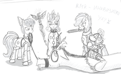 Size: 1024x623 | Tagged: safe, artist:panzerwaffe, apple bloom, scootaloo, sweetie belle, draconequus, earth pony, pegasus, pony, unicorn, g4, chainsword, crossover, cutie mark crusaders, female, filly, foal, grayscale, group, inquisition, inquisitor, male, monochrome, power armor, psyker, quartet, russian, sketch, warhammer (game), warhammer 40k