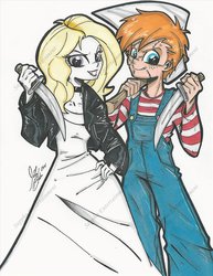 Size: 1024x1325 | Tagged: safe, artist:ponygoddess, danny williams, surprise, human, equestria girls, g1, g4, bride of chucky, chucky, cosplay, dagger, humanized, ship:dannyprise, tiffany, tiffany valentine, weapon