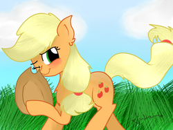 Size: 1024x768 | Tagged: safe, artist:sugarrush015, applejack, g4, blushing, female, solo