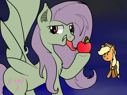 Size: 1024x768 | Tagged: safe, artist:sugarrush015, applejack, fluttershy, g4, apple, flutterbat, tongue out