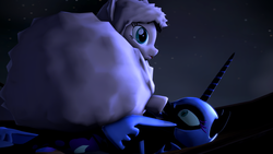 Size: 3840x2160 | Tagged: safe, artist:argodaemon, nightmare moon, oc, oc:fluffle puff, g4, 3d, :p, boop, high res, on back, on top, source filmmaker, wide eyes