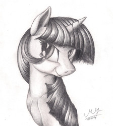 Size: 1580x1760 | Tagged: safe, artist:graboiidz, twilight sparkle, g4, female, grayscale, monochrome, simple background, smiling, solo, traditional art